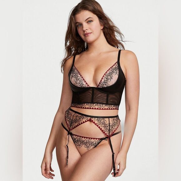 Victoria Secret Bra Longline Vegan Leather & Lace Love Embroidered Underwire 36C - Picture 6 of 6